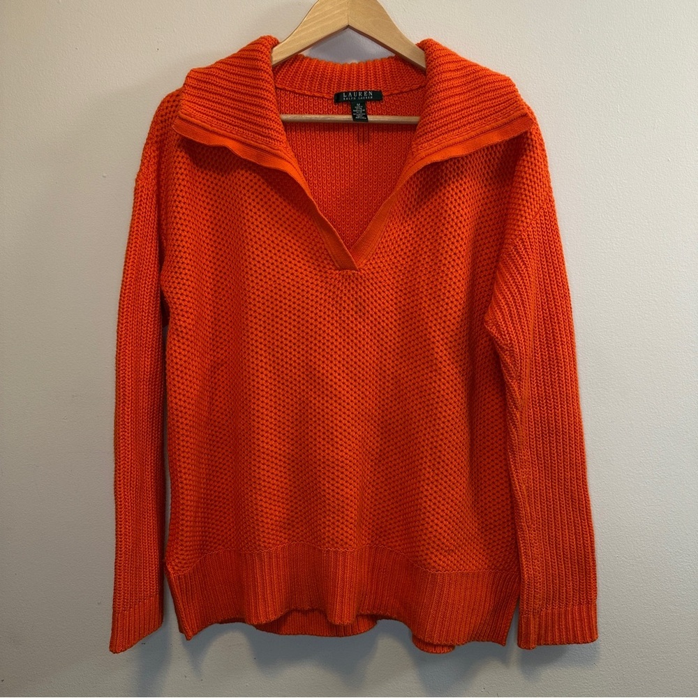 Lauren Ralph Lauren Orange Waffle Knit Johnny Collar Sweater - Ribbed Pullover M